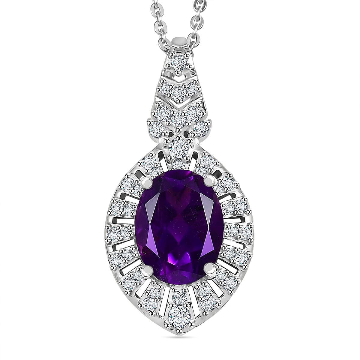 AAA African Amethyst &amp; White Zircon Pendant with Chain (Size - 20) in Rhodium Overlay Sterling Silver 2.10 Ct. 4355558 0