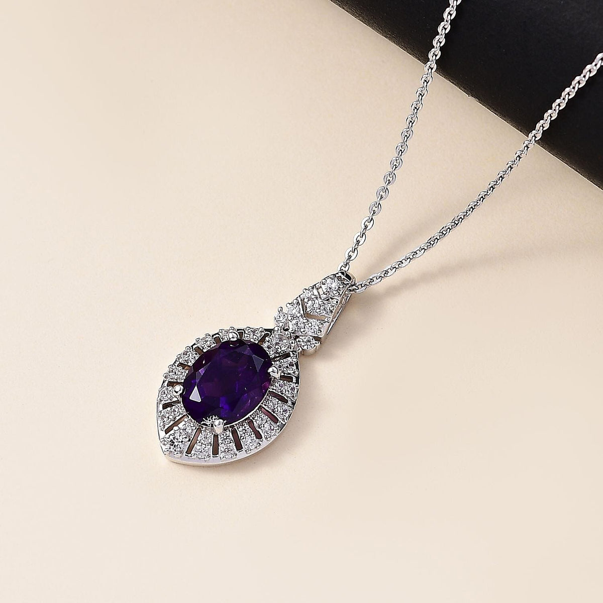AAA African Amethyst &amp; White Zircon Pendant with Chain (Size - 20) in Rhodium Overlay Sterling Silver 2.10 Ct. 4355558 2