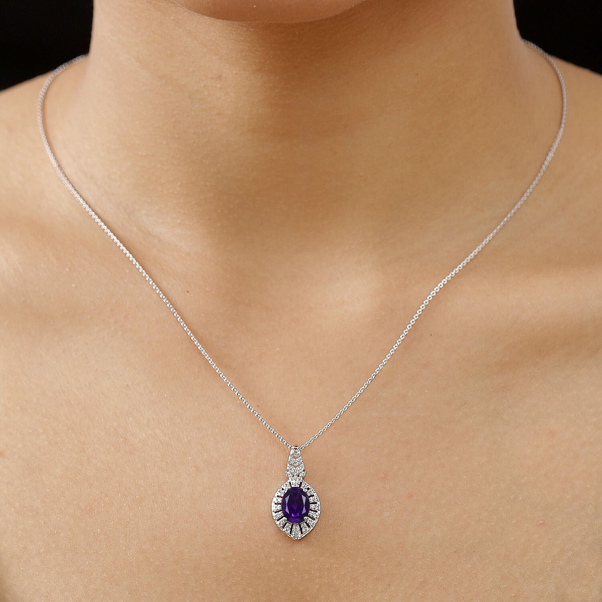 AAA African Amethyst &amp; White Zircon Pendant with Chain (Size - 20) in Rhodium Overlay Sterling Silver 2.10 Ct. 4355558 3