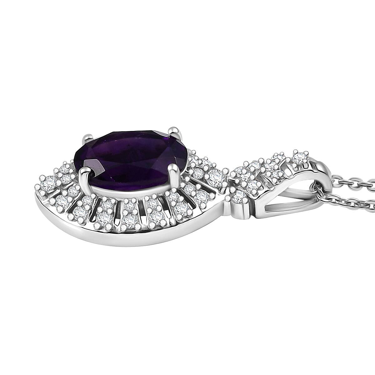 AAA African Amethyst &amp; White Zircon Pendant with Chain (Size - 20) in Rhodium Overlay Sterling Silver 2.10 Ct. 4355558 4
