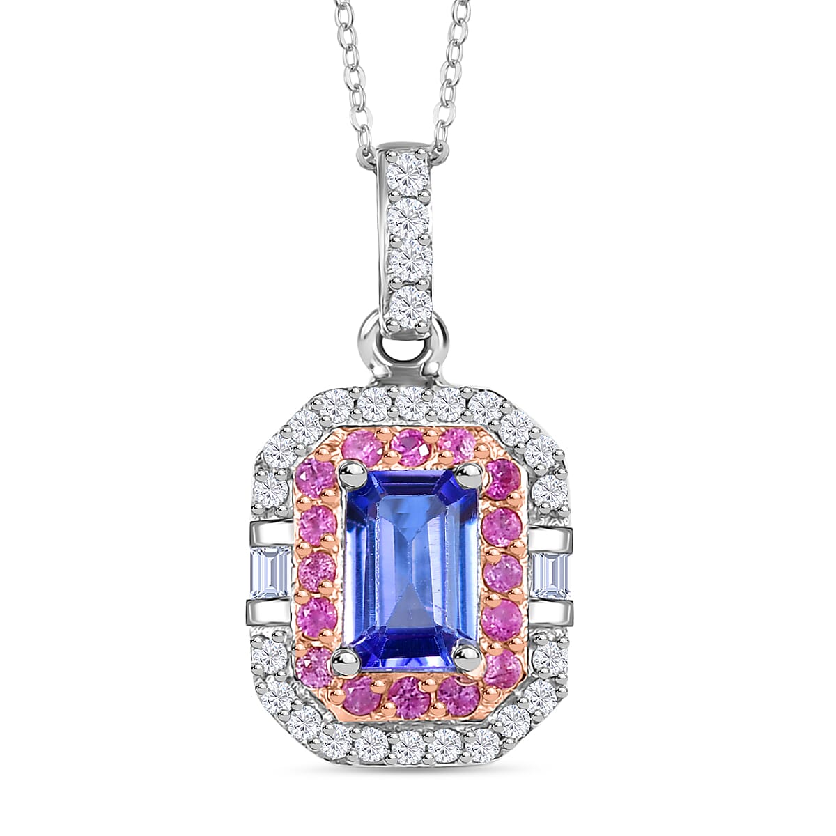 Rare Find - Premium Tanzanite with White Zircon &amp; Pink Sapphire Halo Pendant with Chain (Size 20) in 18K Verneil Rose Gold Plated &amp; Platinum Overlay Sterling Silver 1.03 Ct. 4359837 0
