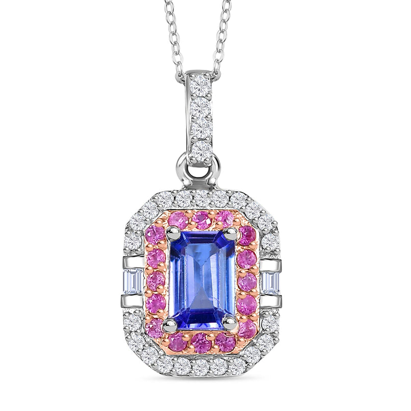 Rare Find - Premium Tanzanite with White Zircon & Pink Sapphire Halo Pendant with Chain (Size 20) in 18K Verneil Rose Gold Plated & Platinum Overlay Sterling Silver 1.03 Ct.
