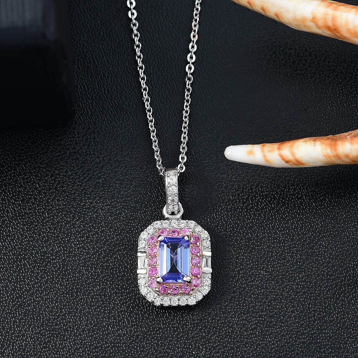 Rare Find - Premium Tanzanite with White Zircon &amp; Pink Sapphire Halo Pendant with Chain (Size 20) in 18K Verneil Rose Gold Plated &amp; Platinum Overlay Sterling Silver 1.03 Ct. 4359837 2
