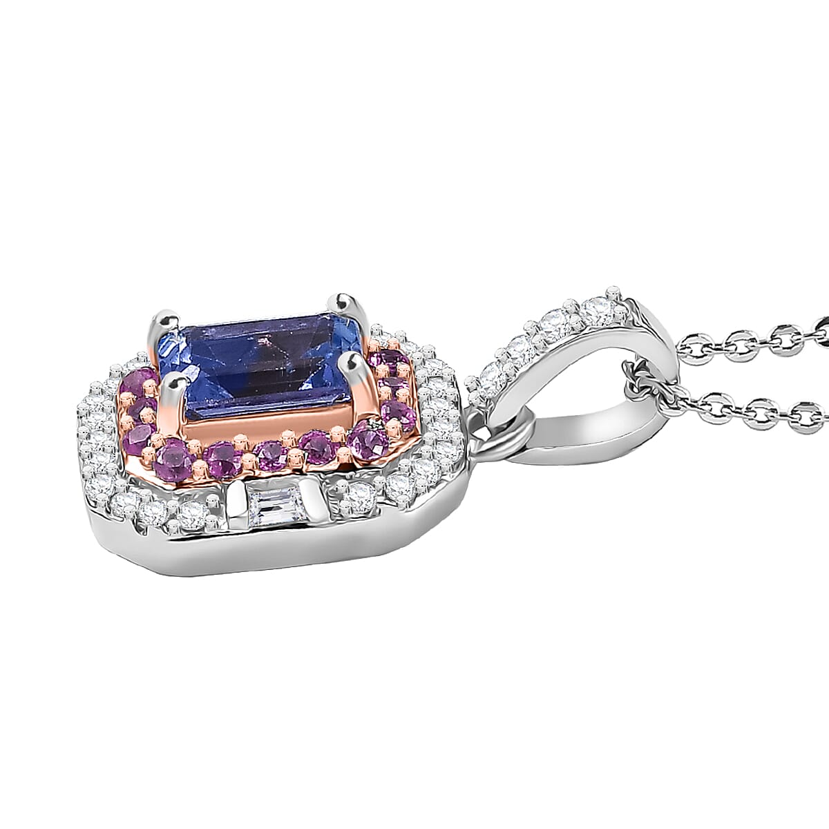 Rare Find - Premium Tanzanite with White Zircon &amp; Pink Sapphire Halo Pendant with Chain (Size 20) in 18K Verneil Rose Gold Plated &amp; Platinum Overlay Sterling Silver 1.03 Ct. 4359837 3