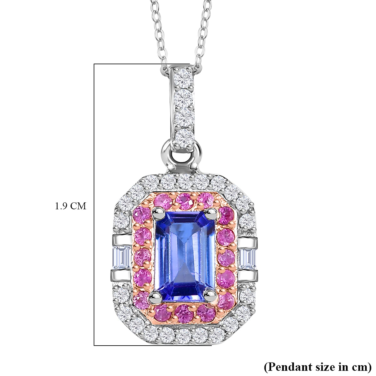 Rare Find - Premium Tanzanite with White Zircon &amp; Pink Sapphire Halo Pendant with Chain (Size 20) in 18K Verneil Rose Gold Plated &amp; Platinum Overlay Sterling Silver 1.03 Ct. 4359837 6