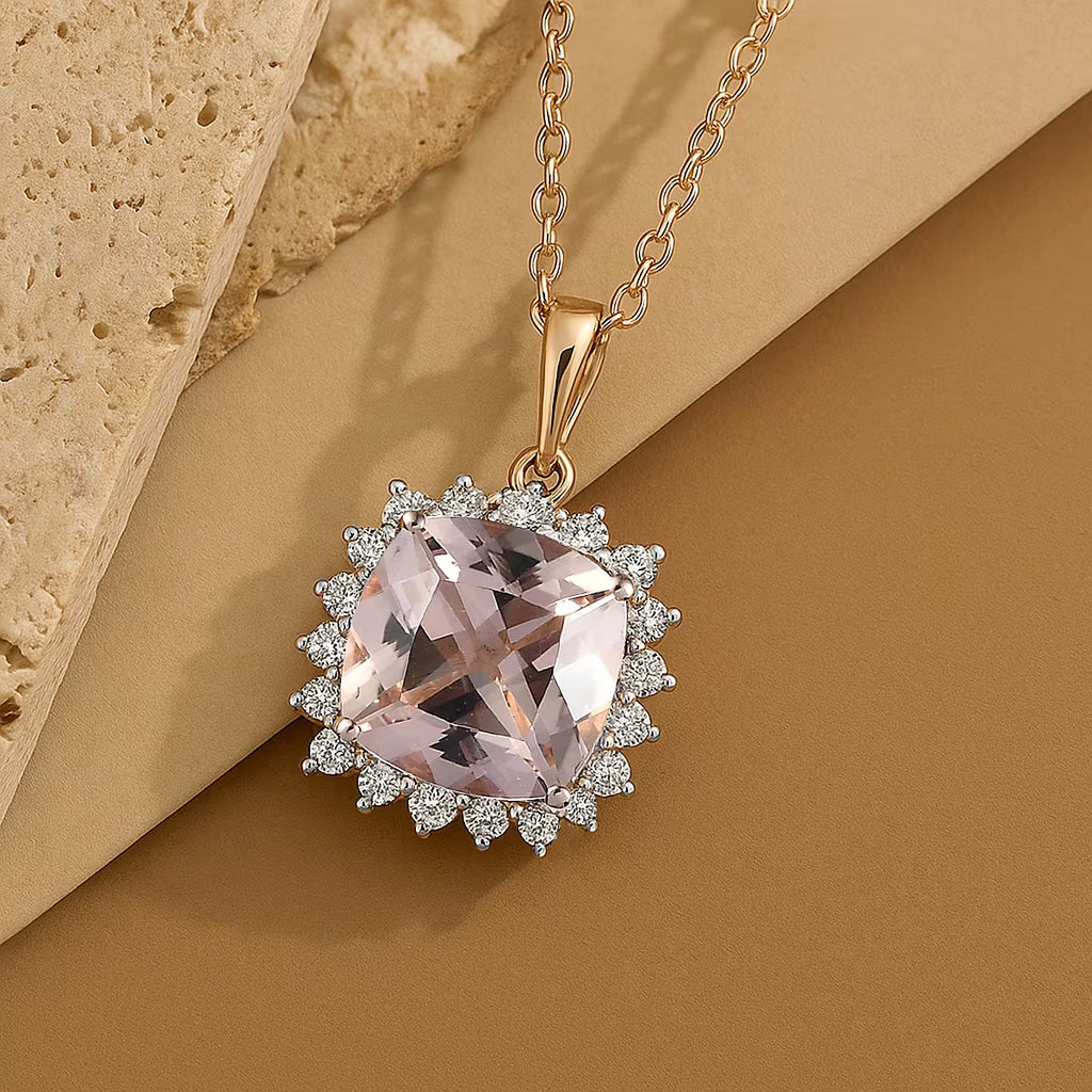Luxoro - 9K Rose Gold AGI Certified AAA Morganite & White Diamond Halo Pendant with Chain (Size 20) 3.75 Ct._4365685_1