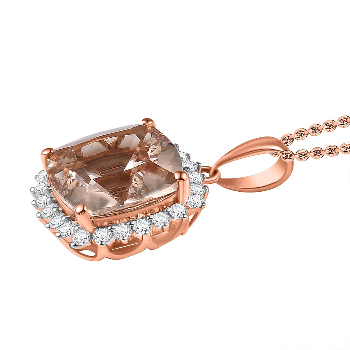 Luxoro - 9K Rose Gold AGI Certified AAA Morganite &amp; White Diamond Halo Pendant with Chain (Size 20) 3.75 Ct. 4365685 3