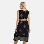Tamsy 100% Viscose Snowflake Print Sleeveless Umbrella Dress with Belt (One Size Curve) - Black_4367518_1