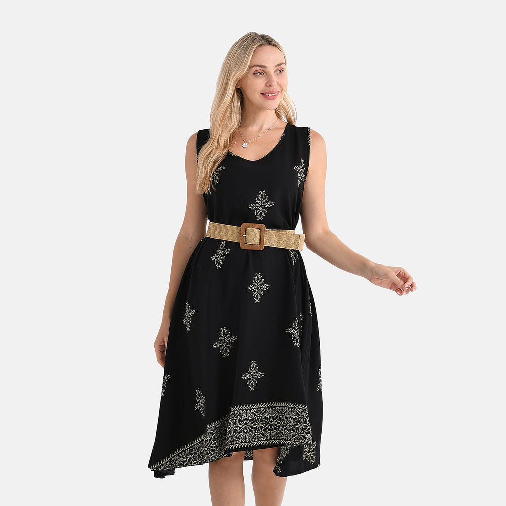 Tamsy 100% Viscose Snowflake Print Sleeveless Umbrella Dress with Belt (One Size Curve) - Black_4367518_3