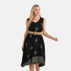 Tamsy 100% Viscose Snowflake Print Sleeveless Umbrella Dress with Belt (One Size Curve) - Black_4367518_3