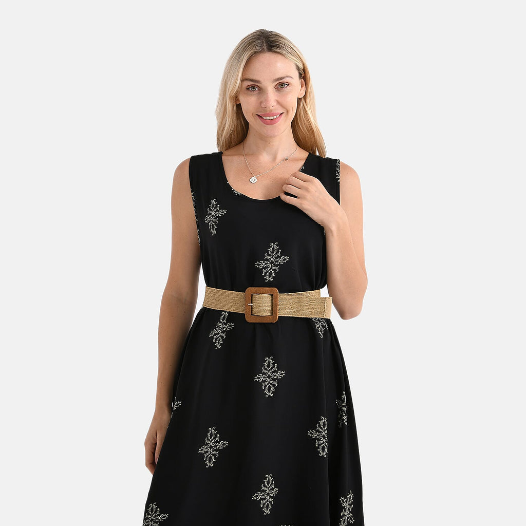 Tamsy 100% Viscose Snowflake Print Sleeveless Umbrella Dress with Belt (One Size Curve) - Black_4367518_4