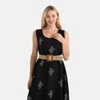 Tamsy 100% Viscose Snowflake Print Sleeveless Umbrella Dress with Belt (One Size Curve) - Black_4367518_4