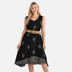 Tamsy 100% Viscose Snowflake Print Sleeveless Umbrella Dress with Belt (One Size Curve) - Black_4367518_5