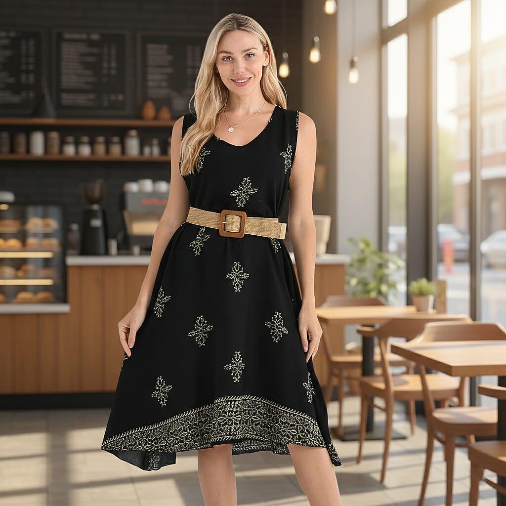 Tamsy 100% Viscose Snowflake Print Sleeveless Umbrella Dress with Belt (One Size Curve) - Black_4367518_6