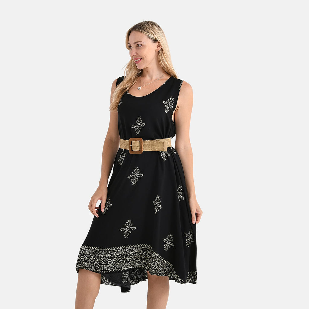 Tamsy 100% Viscose Snowflake Print Sleeveless Umbrella Dress with Belt (One Size Curve) - Black_4367518_8