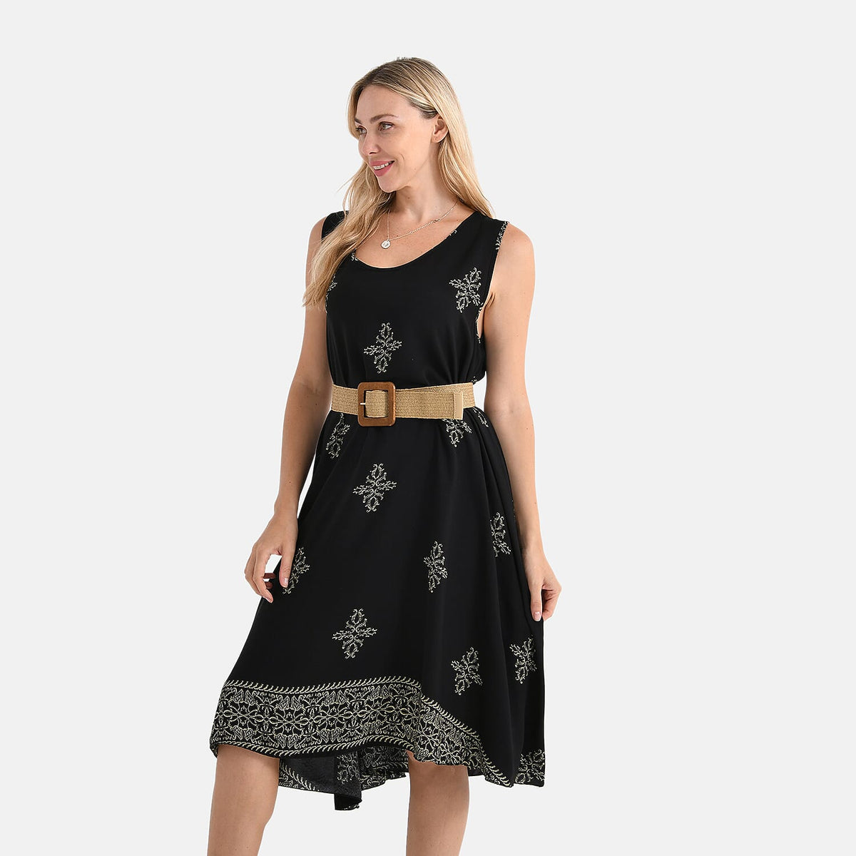Tamsy Snowflake Print Sleeveless Umbrella Dress with Belt V32614552 9