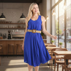 Tamsy 100% Viscose Sleeveless Umbrella Dress with Belt (One Size Curve) - Blue_4367547_1
