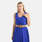 Tamsy 100% Viscose Sleeveless Umbrella Dress with Belt (One Size Curve) - Blue_4367547_10