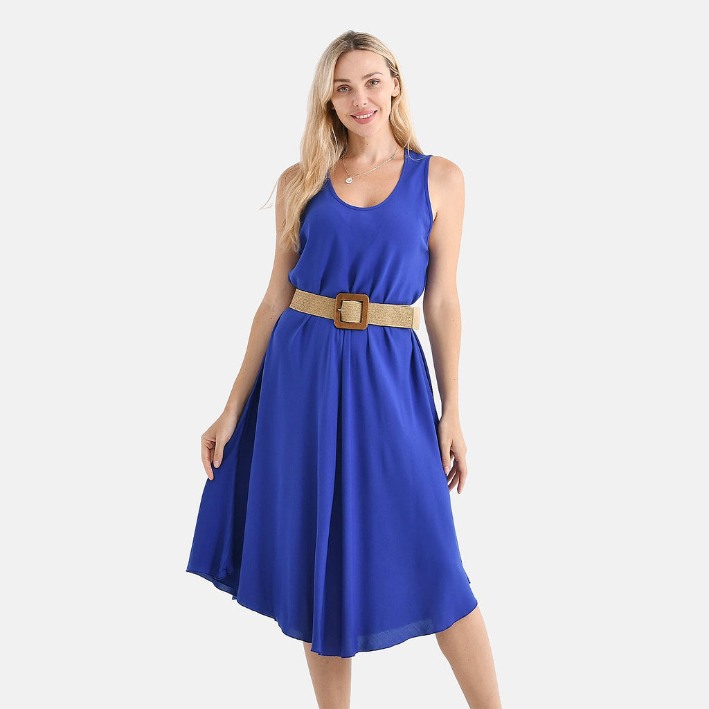 Tamsy 100% Viscose Sleeveless Umbrella Dress with Belt (One Size Curve) - Blue_4367547_9
