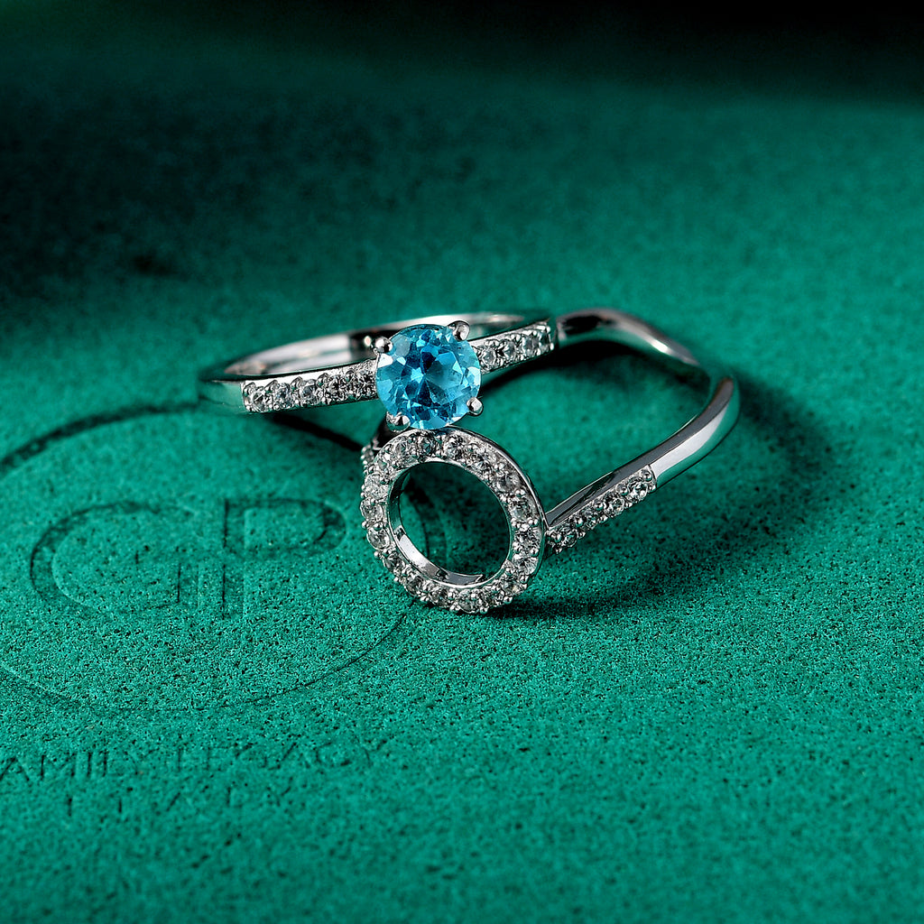 GP Royal Art Deco Collection - Set of 2 Swiss Blue Topaz White Zircon & Blue Sapphire Stackable Ring in Sterling Silver 1.73 Ct._4369692_1