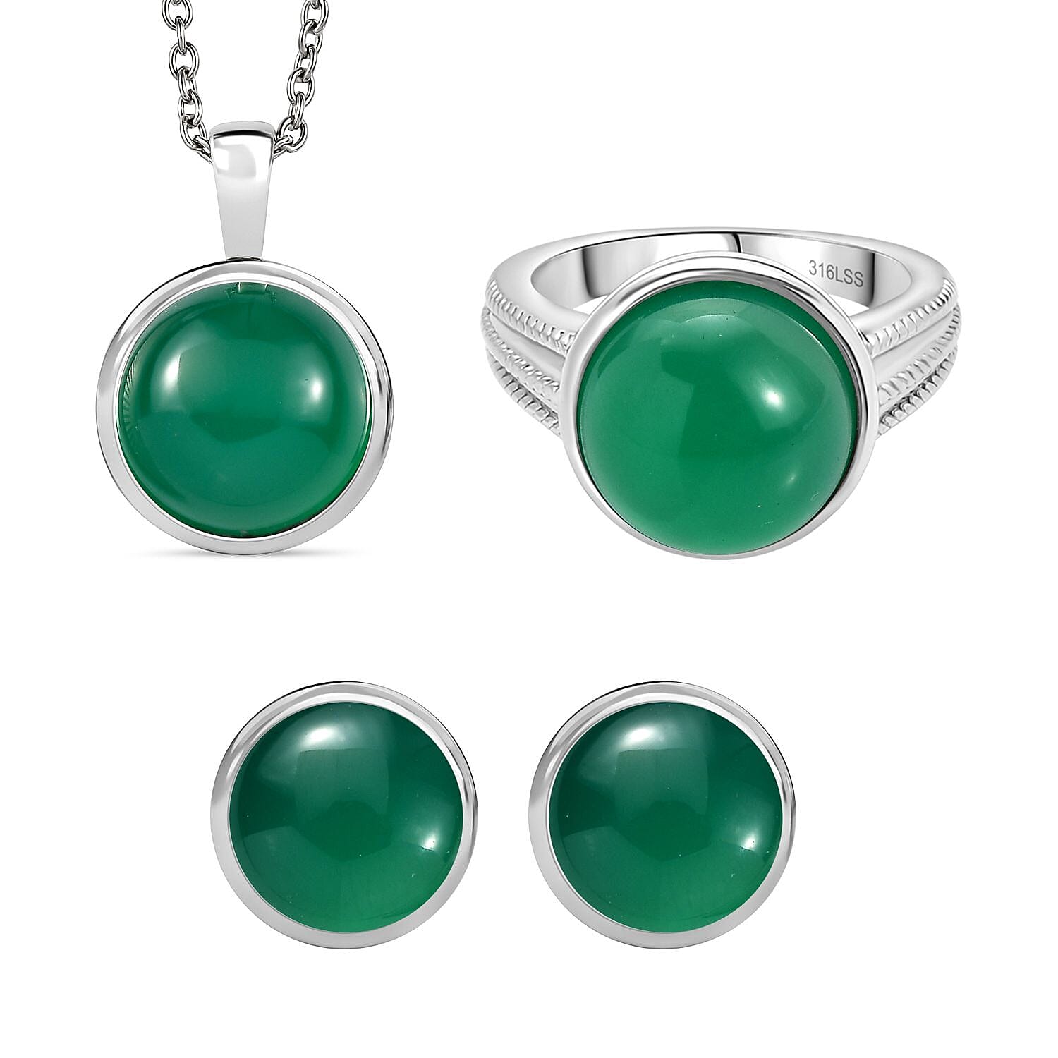 3 Piece Set - Green Onyx Earring with Push Back, Ring &amp; Pendant with Chain (Size 20) 23.42 Ct. 4372296 0