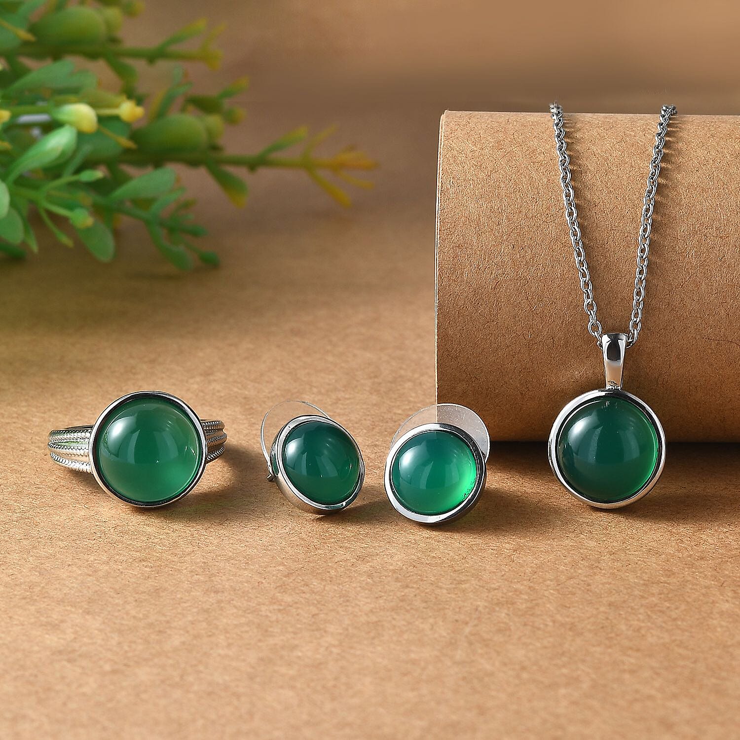 3 Piece Set - Green Onyx Earring with Push Back, Ring &amp; Pendant with Chain (Size 20) 23.42 Ct. 4372296 2
