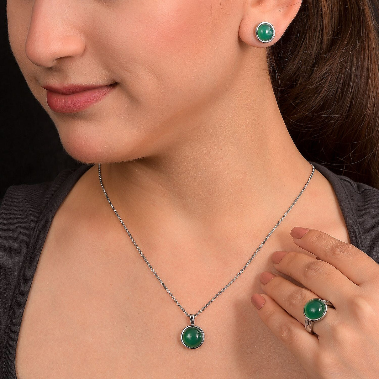 3 Piece Set - Green Onyx Earring with Push Back, Ring &amp; Pendant with Chain (Size 20) 23.42 Ct. 4372296 3