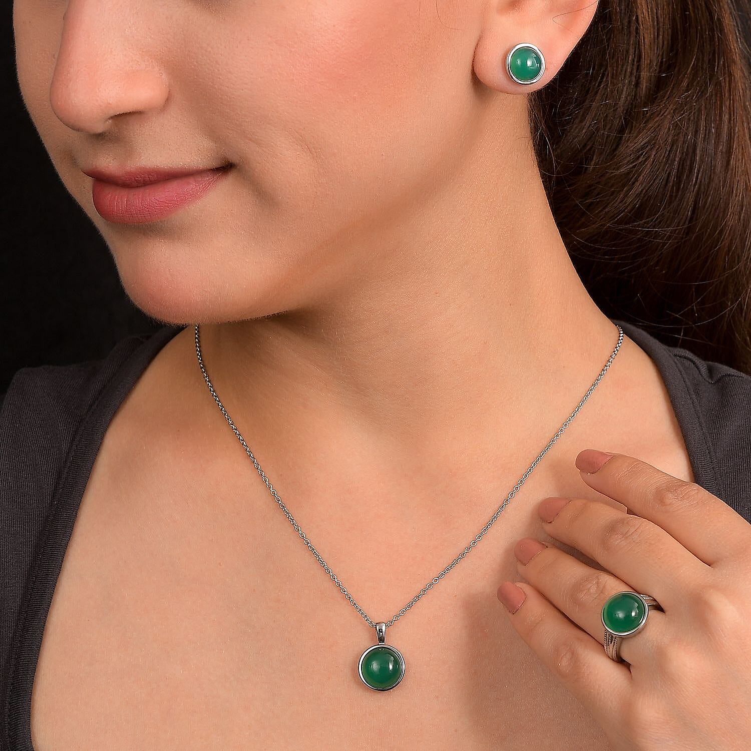 3 Piece Set - Green Onyx Earring with Push Back, Ring &amp; Pendant with Chain (Size 20) 23.42 Ct. 4372296 3