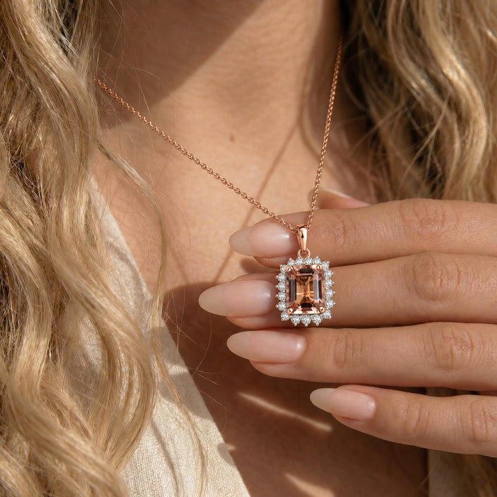 Certified &amp; Appraised LUXUROAAA Marropino Morganite, Diamond Halo Pendant Necklace in 10K Rose Gold 20 Inches, 6.43 Ct. 4380491 2