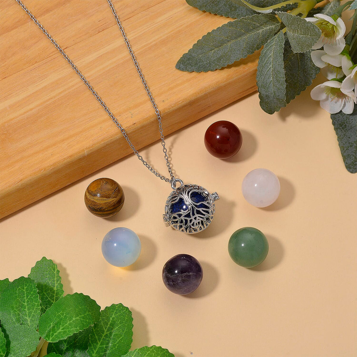 Lapis Lazuli, African Amethyst, Green Aventurine, Red Agate, Rose Quartz, Opalite &amp; Yellow Tigers Eye Pendant with Chain (Size 20 + 2 Ext) with Lobster Clasp in Yellow Gold Plated 70.00 Ct. V32701524 3