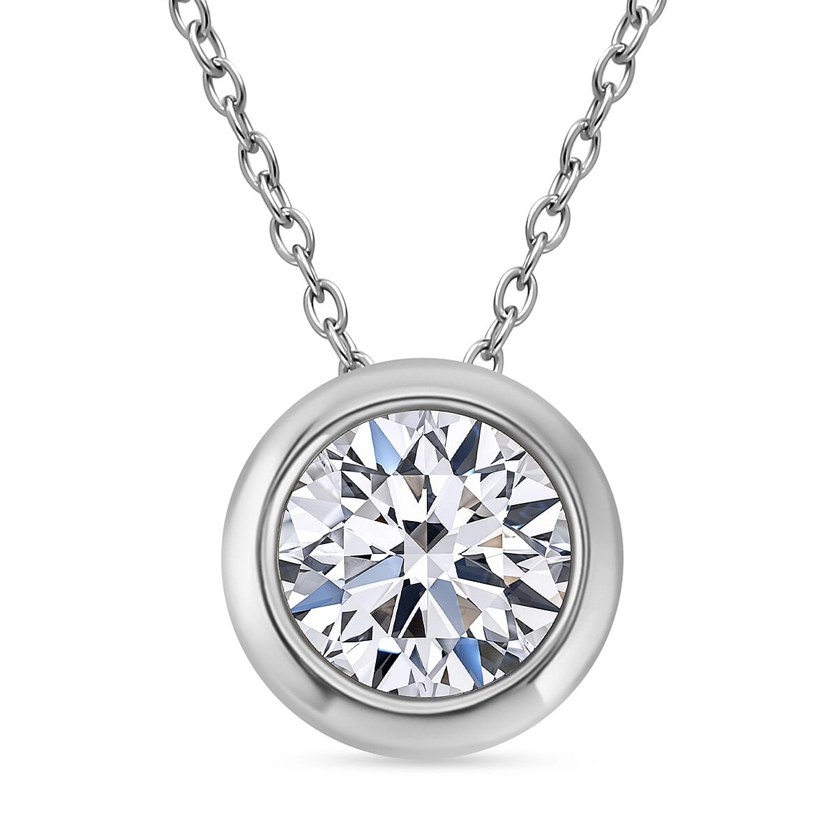 LUXURIANT 1 Ct. Bezel-Set Lab Grown Diamond Solitaire Pendant with Chain (Size 18-20) in Rhodium Overlay Sterling Silver, SGL Certified V32565584 0