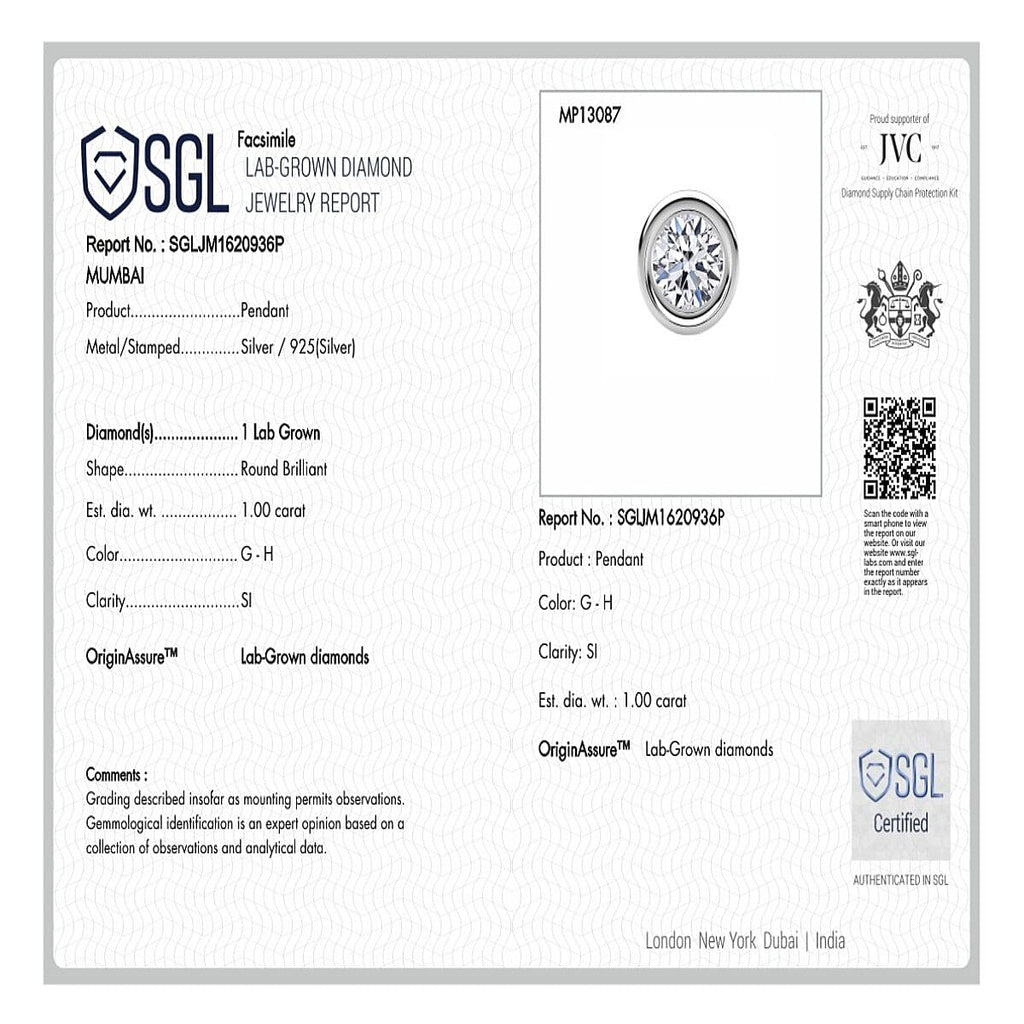 Luxuriant Diamond SGL Certified Lab Grown Diamond (SI-GH) Pendant with Chain (Size 18-20) in Rhodium Overlay Sterling Silver 1.00 Ct.