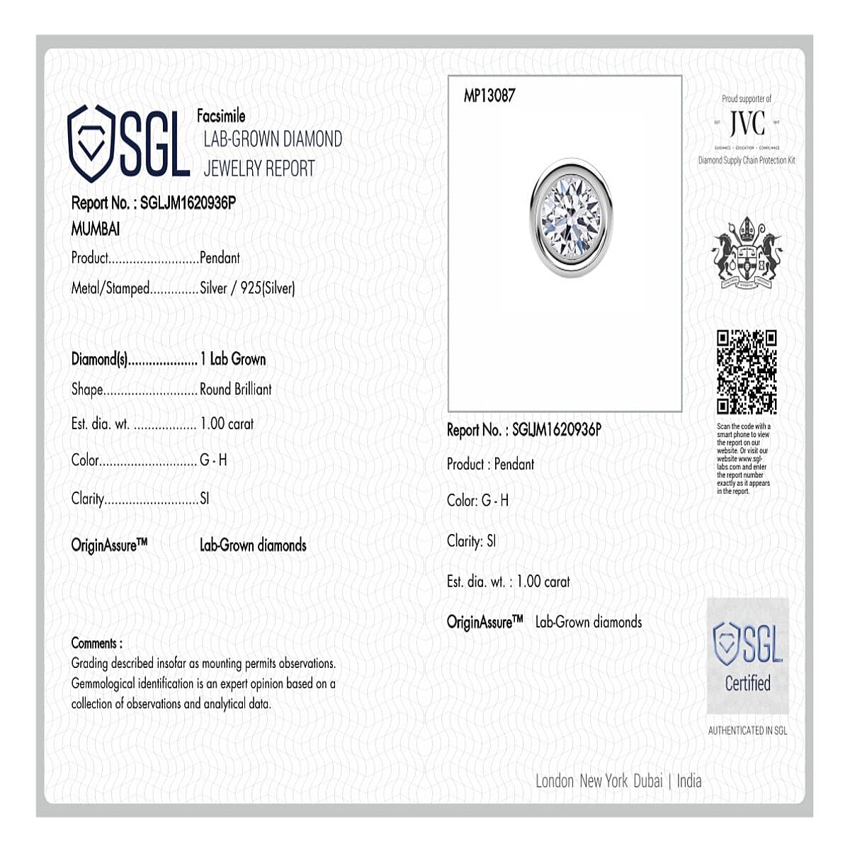 LUXURIANT 1 Ct. Bezel-Set Lab Grown Diamond Solitaire Pendant with Chain (Size 18-20) in Rhodium Overlay Sterling Silver, SGL Certified V32565584 7