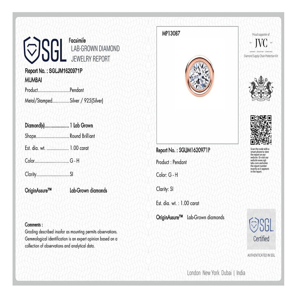 Luxuriant Diamond SGL Certified Lab Grown Diamond (SI-GH) Pendant with Chain (Size 18-20) in Vermeil Rose Gold Plated Sterling Silver 1.00 Ct.