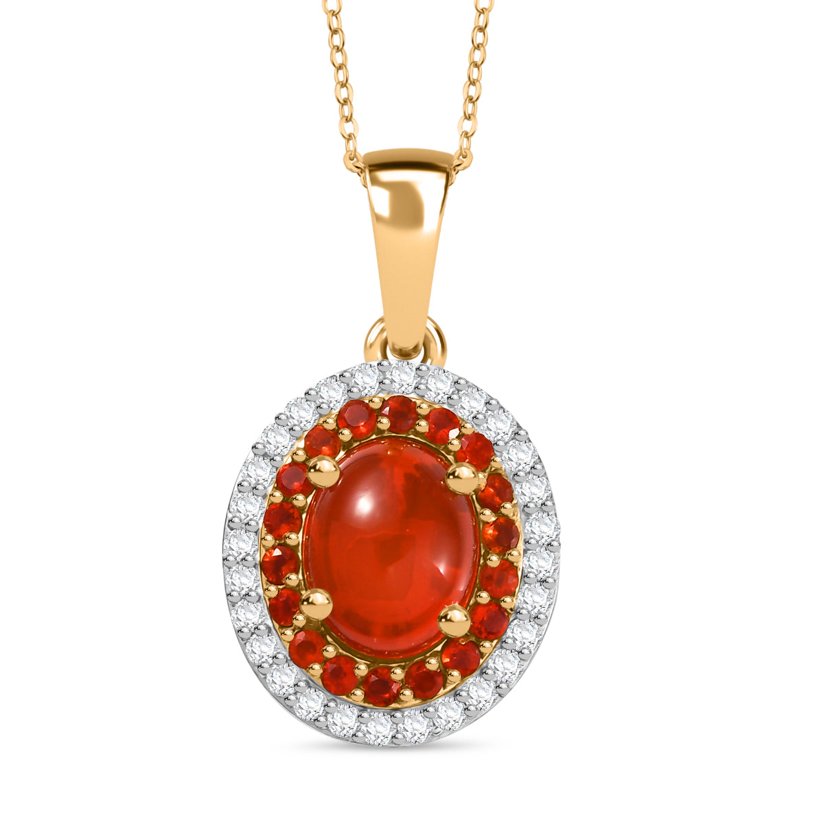 Fire Opal Cabochon &amp; Moissanite Pendant with Chain (Size 20) in 18K Vermeil Yellow Gold Plated Sterling Silver 2.66 Ct. 4397101 0
