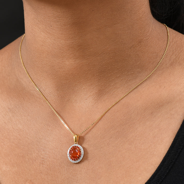 Fire Opal Cabochon &amp; Moissanite Pendant with Chain (Size 20) in 18K Vermeil Yellow Gold Plated Sterling Silver 2.66 Ct. 4397101 2