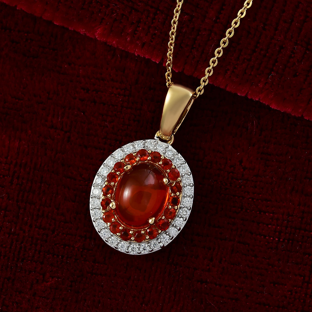 First Time Ever - Fire Opal Cabochon & Moissanite Pendant with Chain (Size 20) in 18K Vermeil Yellow Gold Plated Sterling Silver 2.66 Ct._4397101_2