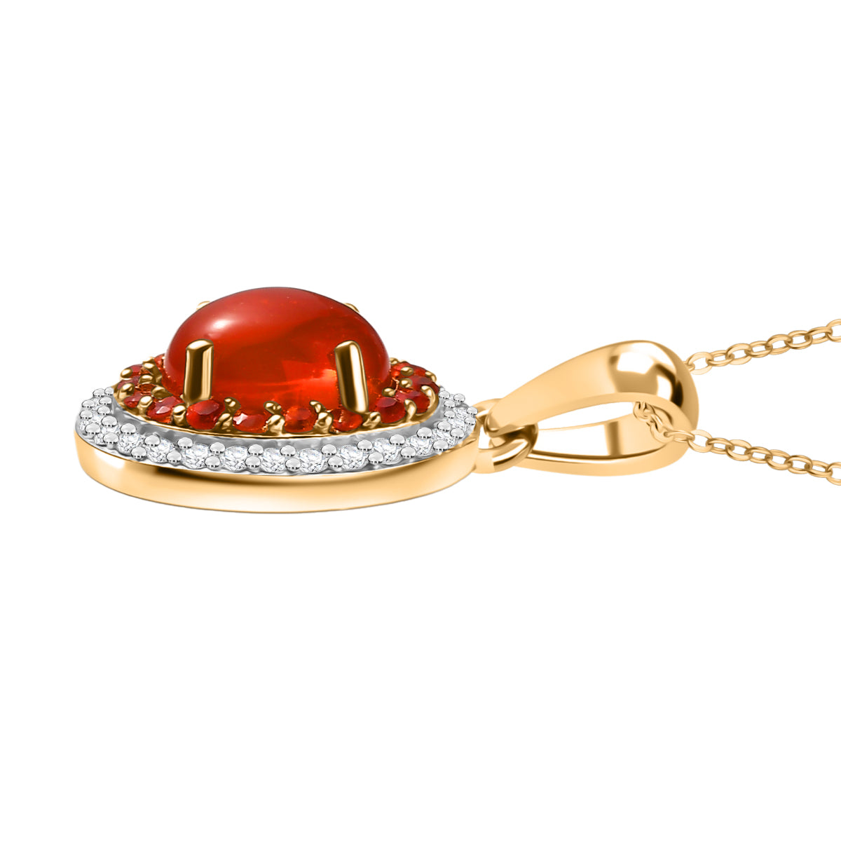 Fire Opal Cabochon &amp; Moissanite Pendant with Chain (Size 20) in 18K Vermeil Yellow Gold Plated Sterling Silver 2.66 Ct. 4397101 4