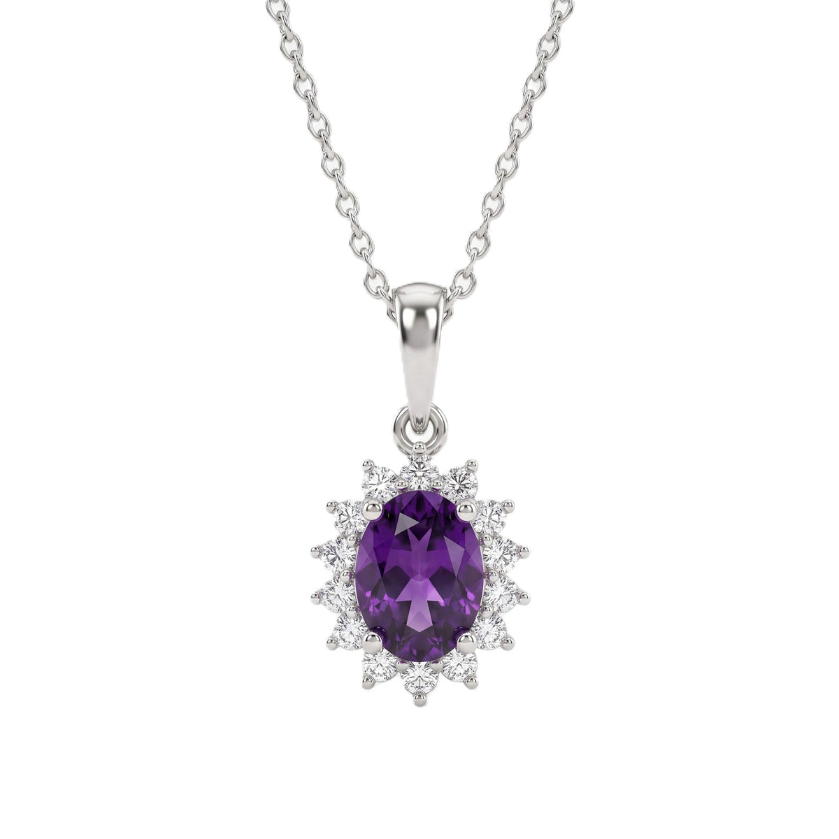 Amethyst February Birthstone and Natural Zircon Halo Pendant with Chain (Size 20) in Platinum Overlay Sterling Silver 4400801 0