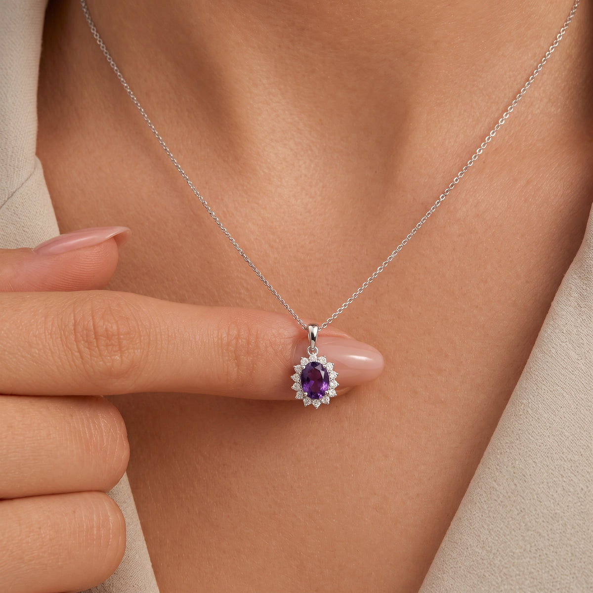 Amethyst February Birthstone and Natural Zircon Halo Pendant with Chain (Size 20) in Platinum Overlay Sterling Silver 4400801 3