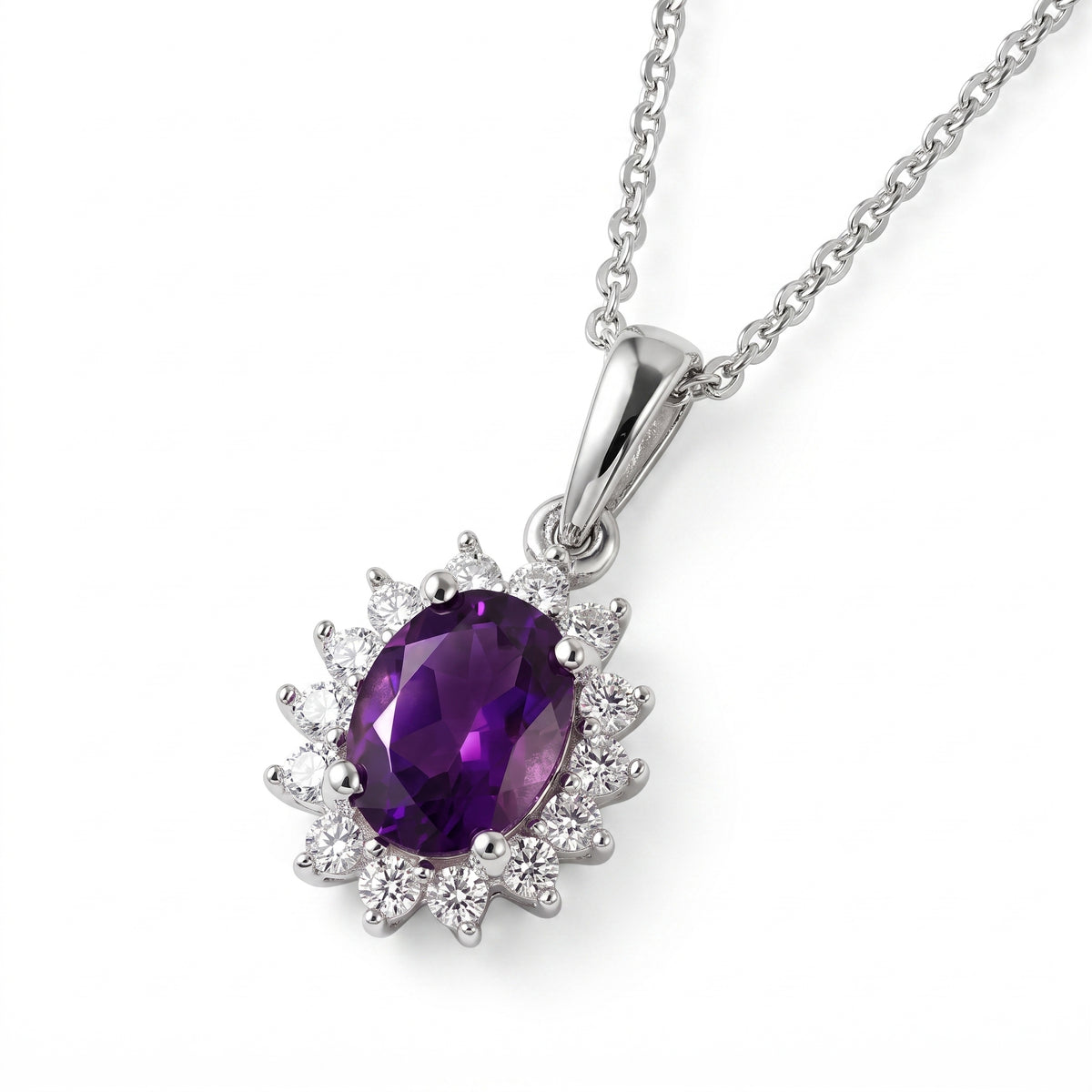 Amethyst February Birthstone and Natural Zircon Halo Pendant with Chain (Size 20) in Platinum Overlay Sterling Silver 4400801 4