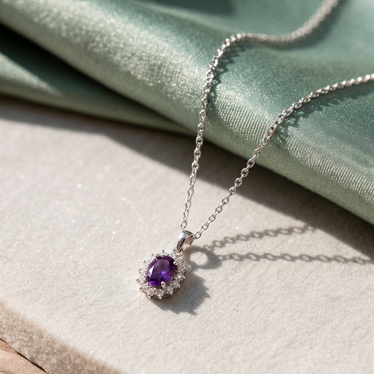 Amethyst February Birthstone and Natural Zircon Halo Pendant with Chain (Size 20) in Platinum Overlay Sterling Silver 4400801 5