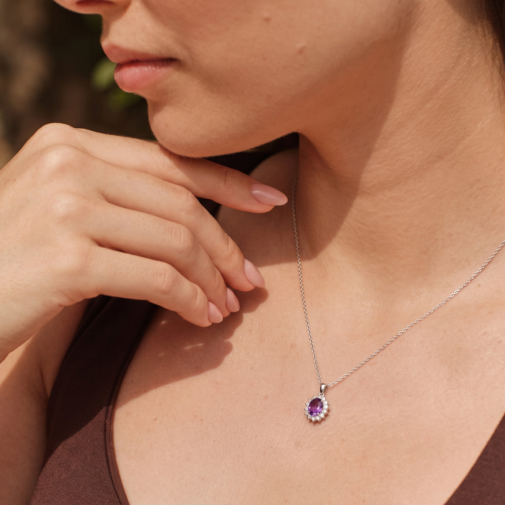 Royal Bali Collection - D'Joy African Amethyst & Natural Zircon Halo Pendant with Chain (Size - 20) in Platinum Overlay Sterling Silver_4400801_5