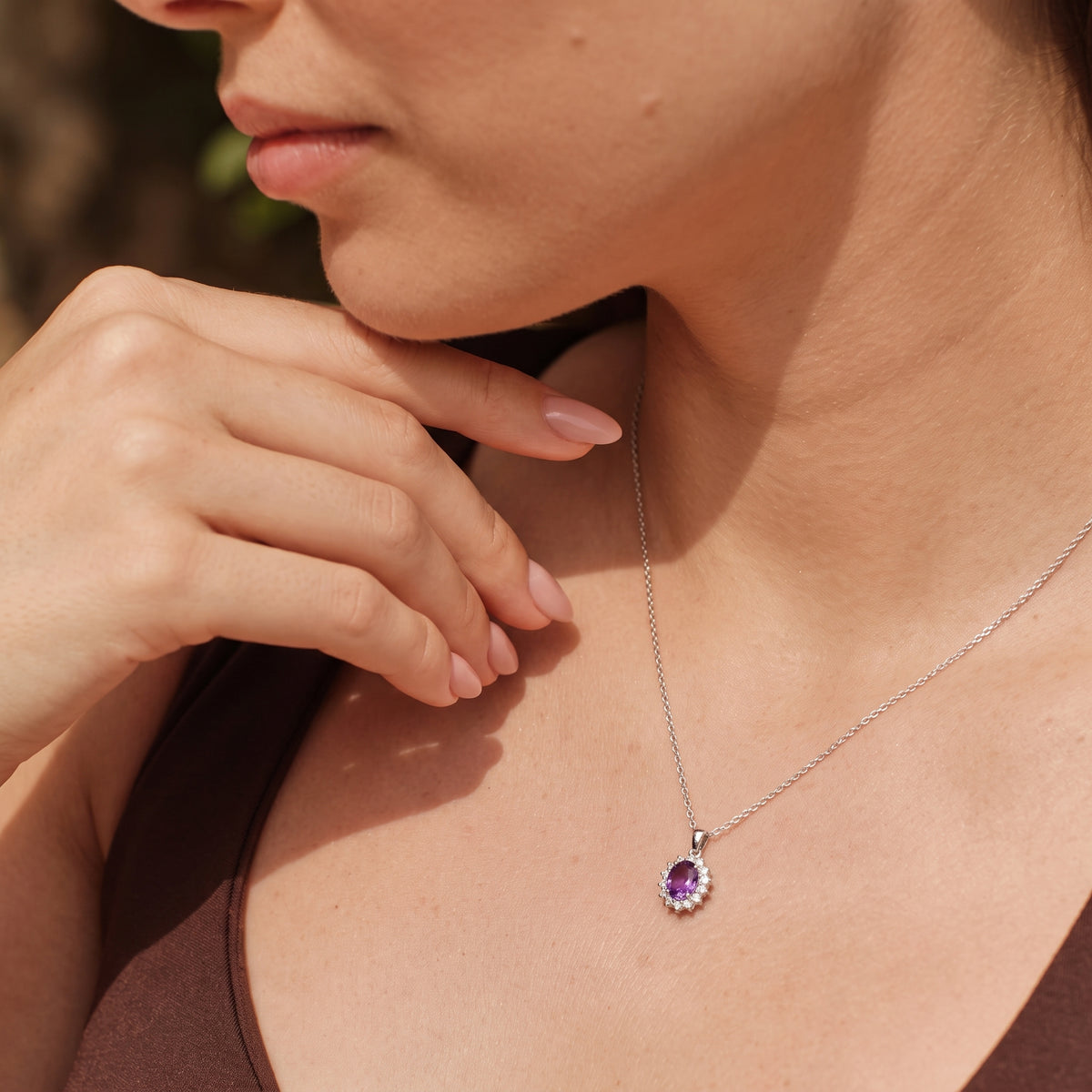 Amethyst February Birthstone and Natural Zircon Halo Pendant with Chain (Size 20) in Platinum Overlay Sterling Silver 4400801 6