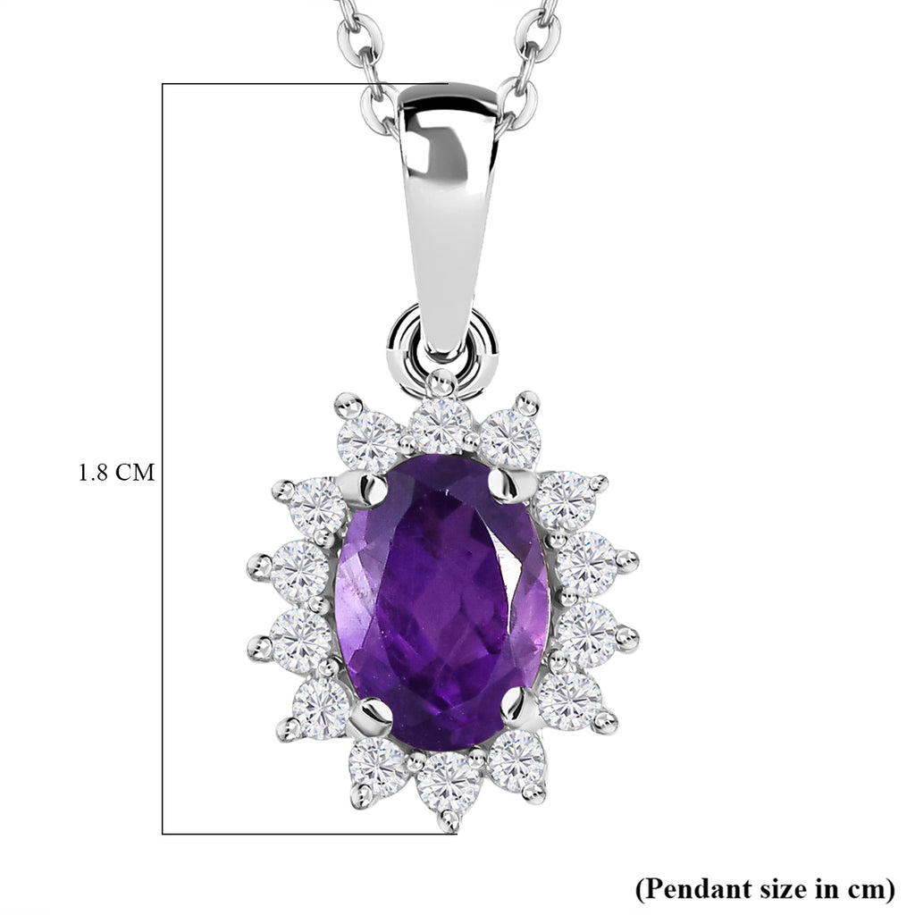 Royal Bali Collection - D'Joy African Amethyst & Natural Zircon Halo Pendant with Chain (Size - 20) in Platinum Overlay Sterling Silver_4400801_6