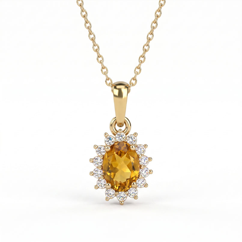 Royal Bali Collection - D'Joy Citrine and Natural Zircon Halo Pendant with Chain (Size - 20) in 18K Vermeil Yellow Gold Plated Sterling Silver 1.00 Ct._4400804