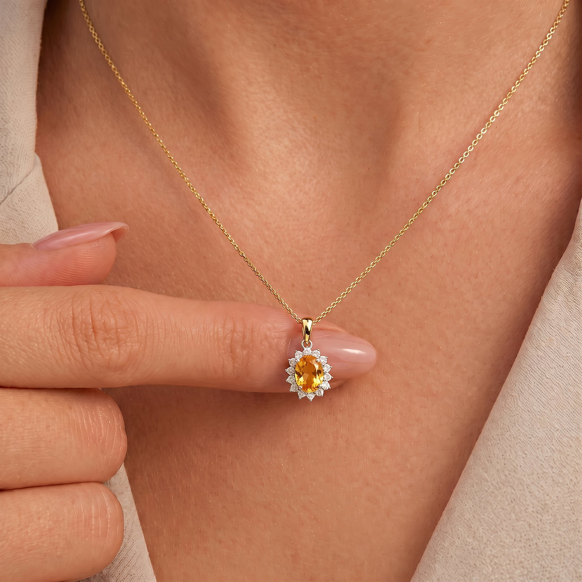 Citrine November Birthstone with White Zircon Halo Pendant with Chain (Size 20) in 18k Vermeil Yellow Gold Sterling Silver 1.170 Ct. 4400804 2