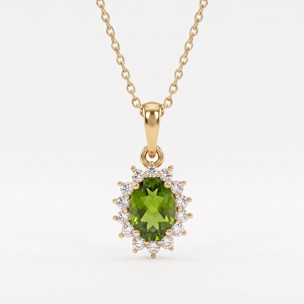 D'Joy - Hebei Peridot & Natural Cambodian Zircon Halo Pendant with Chain (Size - 20) in 18K Vermeil Yellow Gold Plated Sterling Silver 1.17 Ct._4400806