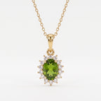 D'Joy - Hebei Peridot & Natural Cambodian Zircon Halo Pendant with Chain (Size - 20) in 18K Vermeil Yellow Gold Plated Sterling Silver 1.17 Ct._4400806