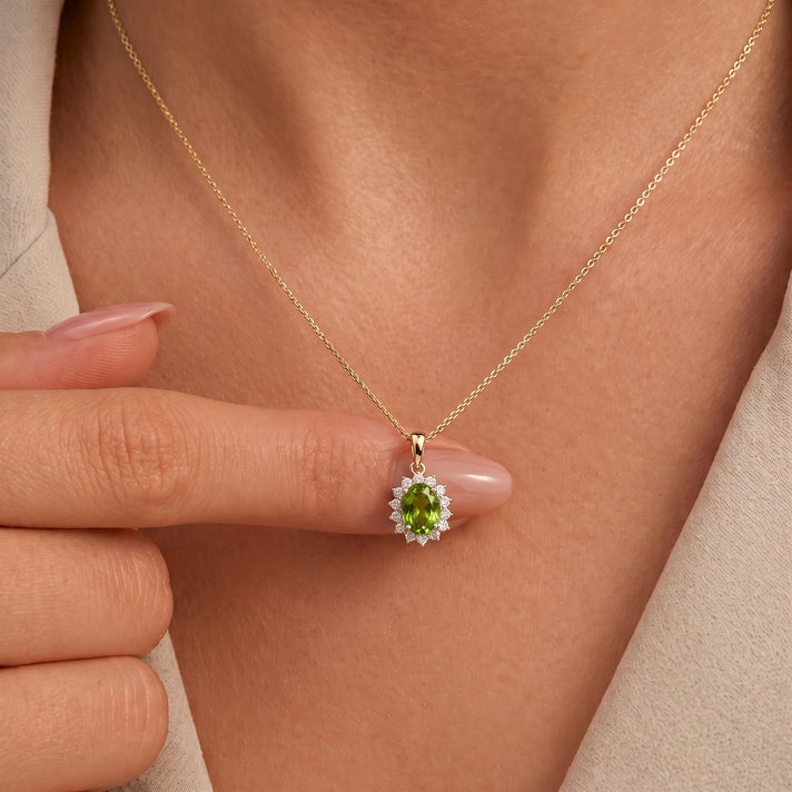 Hebei Peridot August Birthstone and Natural Zircon Halo Pendant with Chain(Size-20 with Lobster Clasp) in 18K Vermeil Yellow Gold Plated Sterling Silver 4400806 2